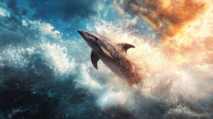Fototapeta premium Dolphin leaping through waves ocean animal photography dramatic environment dynamic viewpoint marine life concept