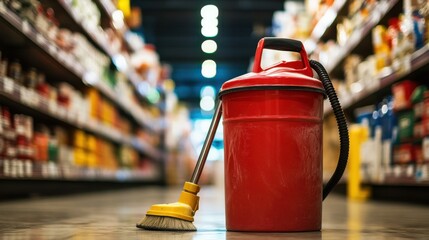 Floor cleaner with tank and handle near back room of commercial store