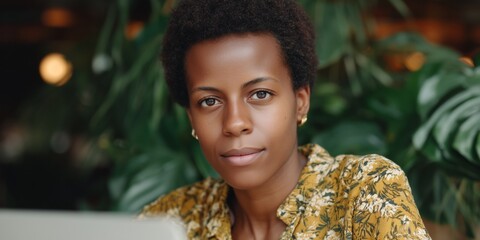 Focused woman working remotely in relaxed home office with greenery