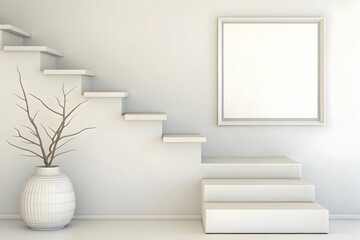 Obraz premium Serene minimalist interior scene with white stairs, vase and frame