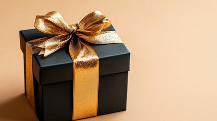 Obraz premium Elegant Black Gift Box with Gold Bow on a Neutral Background