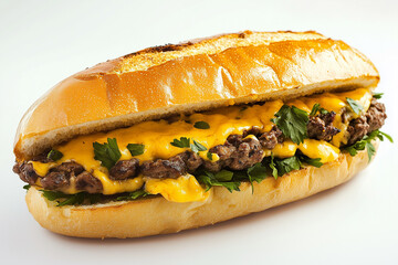 A Philly cheese steak with ground beef and melted yellow cheddar, A high-quality photograph of an inside-out baguette sandwich with ground beef, Philly cheese steak with meat and cheese sauce.