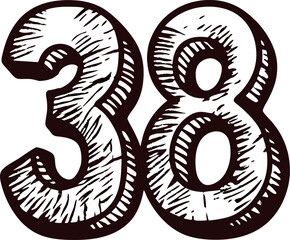 Vintage number 38 in black and white sketch with bold outlined design