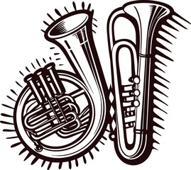 Naklejka premium Vintage brass instruments in artistic with trombone and tuba designs