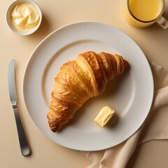 Flaky croissant pastry with coffee cup on a white plate for a sweet breakfast meal