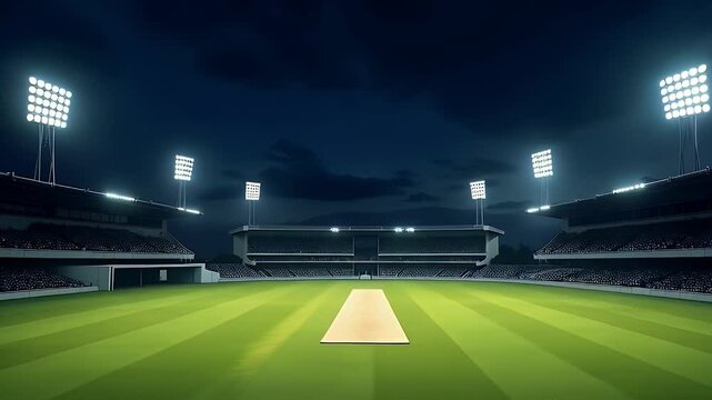 A panoramic night view of a professional cricket stadium with bright floodlights illuminating the lush green pitch and perfectly maintained outfield, surrounded by empty seating stands and a dramatic 