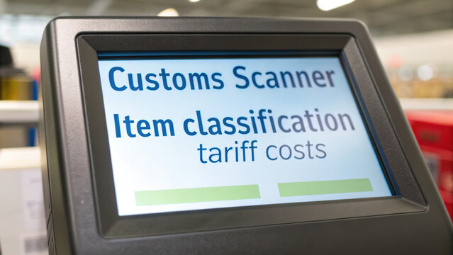Customs scanner displays item classification and tariff costs, essential for efficient customs processing. Tariff costs