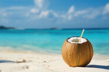 Coconut water on tropical beach