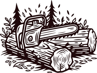 Chainsaw cutting through logs in forest setting with evergreen trees
