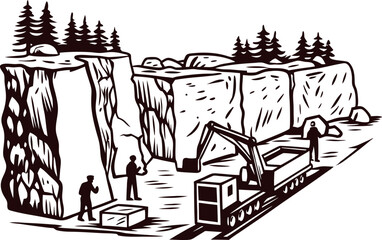 Industrial quarry with workers and machinery in rugged terrain adorned by pine trees