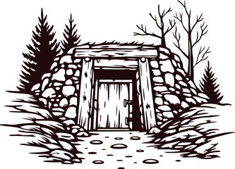 Entrance to an abandoned mine in winter forest with leafless trees and rocky pathway