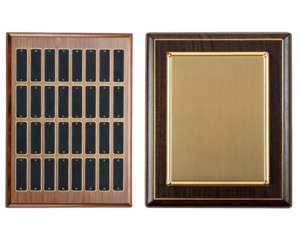 Wooden perpetual plaque and single award plaque on a transparent background