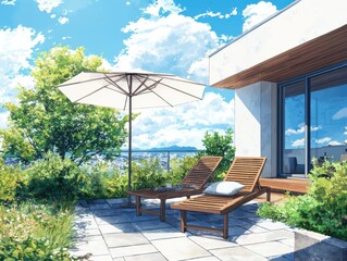 Obraz premium Relaxing outdoor lounge space with sun umbrella scenic view lifestyle urban environment bright day