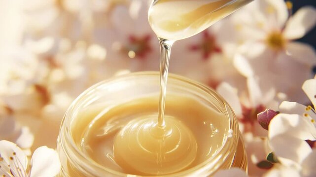 A jar of honey is poured into a jar. The jar is surrounded by flowers