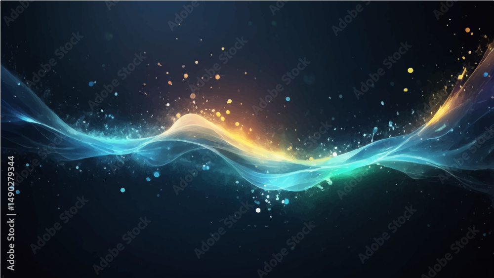 Wall mural dark blue, black abstract background with glowing particles and splash effects. light from the top l