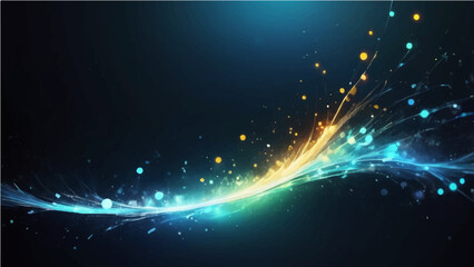 Dark Blue, black abstract background with glowing particles and splash effects. Light from the top left with scattered bokeh and water-like textures. Cool tones of blue, gold with a soft depth © Ashraful