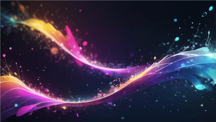 Fototapeta premium Dark Blue, black abstract background with glowing particles and splash effects. Light from the top left with scattered bokeh and water-like textures. Cool tones of blue, gold, pink with a soft depth