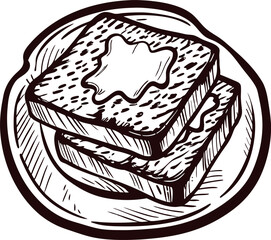 Hand drawn sketch of toast bread with butter on plate reflecting breakfast simplicity