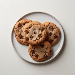 Delectable Cookies on Plate: A mouthwatering close-up captures four freshly baked chocolate chip cookies arranged artfully on a pristine ceramic plate.
