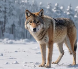 Fototapeta premium Eurasian wolf blends seamlessly with snowy landscape, sharp gaze fixed , winter scenery, brown, snowfall