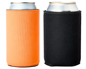 Orange and black neoprene beverage can insulators on a transparent background