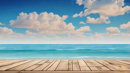 Fototapeta premium Wooden table overlooking tranquil turquoise ocean and stunning fluffy clouds under a blue sky