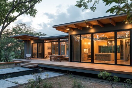 a split-level home with clean architecture and welcoming porch  