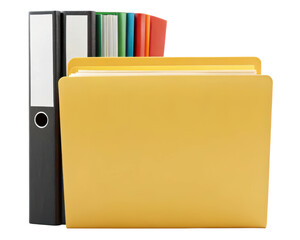 Yellow file folder with office binders and books on a transparent background