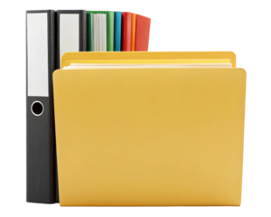 Yellow file folder with office binders and books on a transparent background