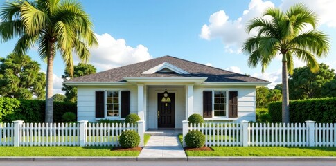 Fototapeta premium Single-story house with white picket fence and palm trees in front, palm trees, single story