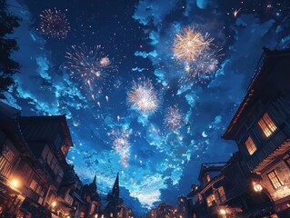 Obraz premium Celebratory fireworks display over historic town night sky digital art festive atmosphere wide angle view