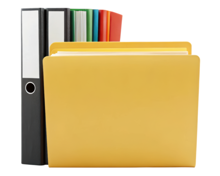 Yellow file folder with office binders and books on a transparent background