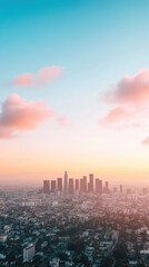 Obraz premium City skyline at dawn or dusk aerial view urban landscape silhouette buildings and pink clouds