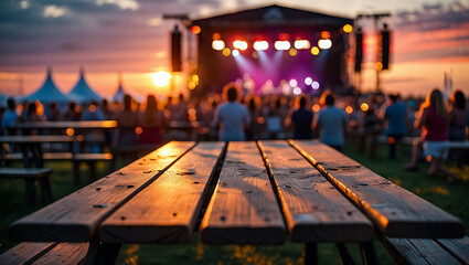 Outdoor music festival with wooden picnic table under sunset sky and crowd of people