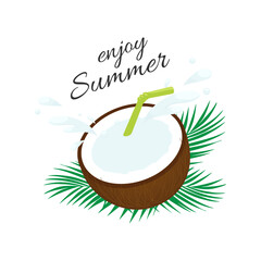Enjoy the summer. A coconut cocktail composition with a drinking straw and sprinkles, decorated with tropical leaves on a white background. Illustration for summer design.