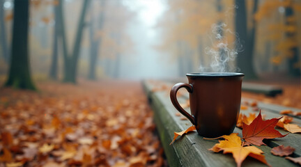 Steaming coffee mug on a wooden picnic table surrounded by vibrant autumn leaves in a misty forest