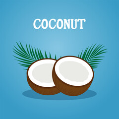 Two halves of a split coconut with leaves isolated on a blue gradient background. Vector illustration for summer design.
