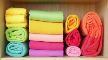 Neatly folded cloths organized by color on a wooden utility shelf