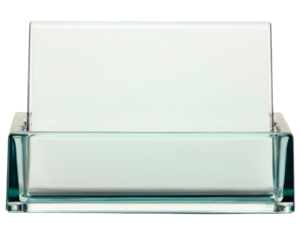 Clear glass business card holder with blank card on a transparent background