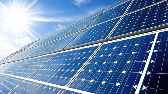 A large array of photovoltaic panels under bright sunlight.