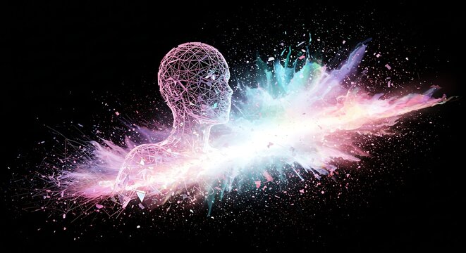 Abstract digital human head with exploding colors
