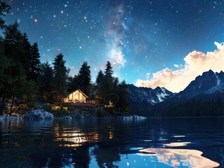Obraz premium Starlit cabin escape mountain lake photography serene nature nighttime view tranquil retreat