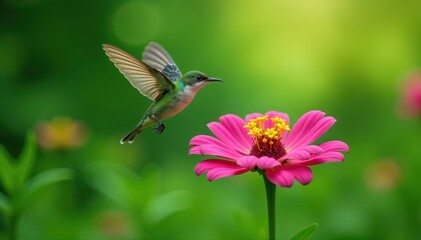Small bird hovering above a bright pink flower in lush greenery, petals, flowers