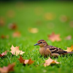 Fototapeta premium Small brown bird lying on wet grass in a park among fallen leaves, park, ground