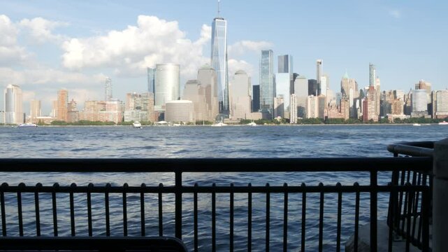 New York City waterfront skyline, Manhattan Downtown Financial district, World Trade Center building, riverfront skyscrapers. From Paulus Hook, New Jersey. United States architecture. Hudson river.