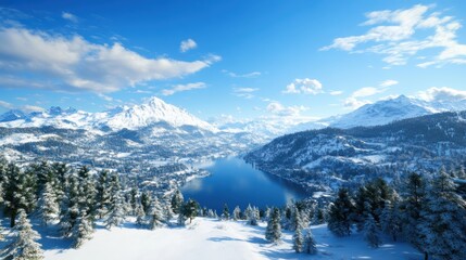 Obraz premium Breathtaking winter landscape scenery alpine lake high-resolution photography snowy mountains aerial view natural beauty