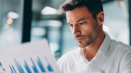 Focused financial analyst reviewing business reports and spreadsheets
