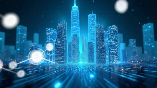 Futuristic city Hologram, Abstract Buildings in Cyberspace. Business and Technology Concept. Digital Development. Data flow animation
