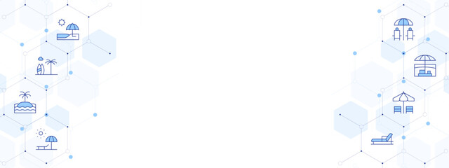 Vacation Banner Vector Illustration with Two-sided Icon Style. Line Duotone icon. Containing. beach, island, sunbed, lounger, parasol, vacation