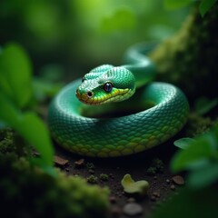 Fototapeta premium Snake slithers through forest undergrowth, revealing iridescent scales shimmering in emerald green hues, natural environment, shimmering colors